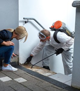 Pest controller explaining to a customer