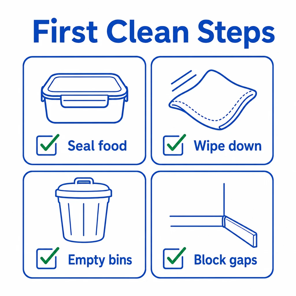 Checklist of first cleaning steps after finding ants near food.