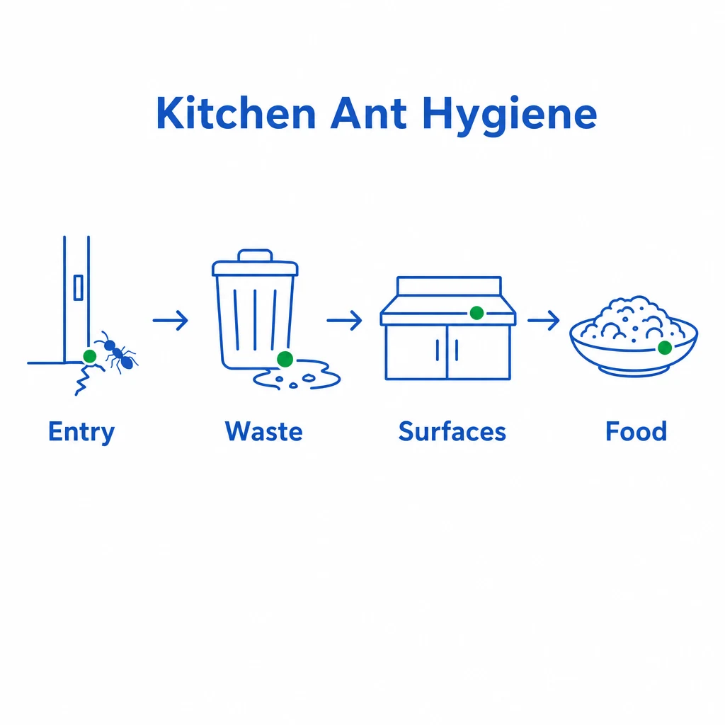 Graphic showing how ants can contaminate kitchen surfaces and food.