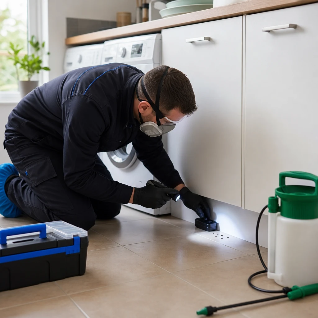 Technician placing an ant bait station during a kitchen inspection.