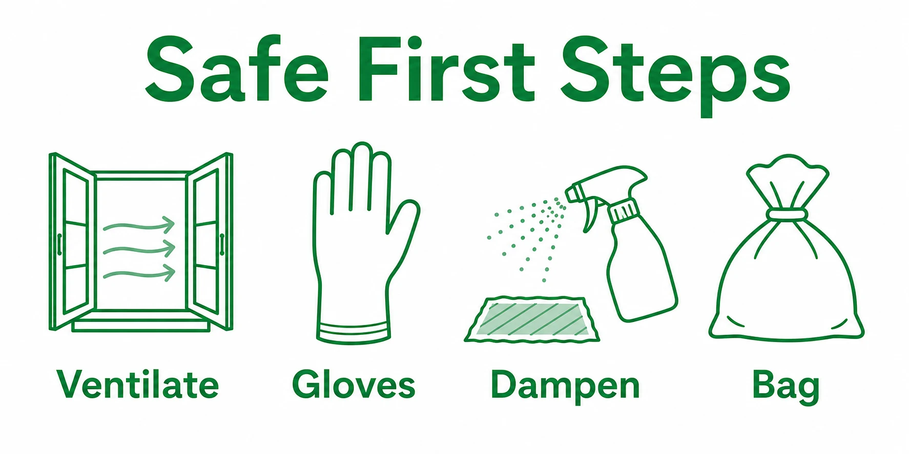 Checklist graphic for ventilating, wearing gloves, dampening and bagging rodent waste