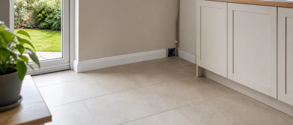 Clean kitchen corner with a sealed wall gap to suggest rodent prevention