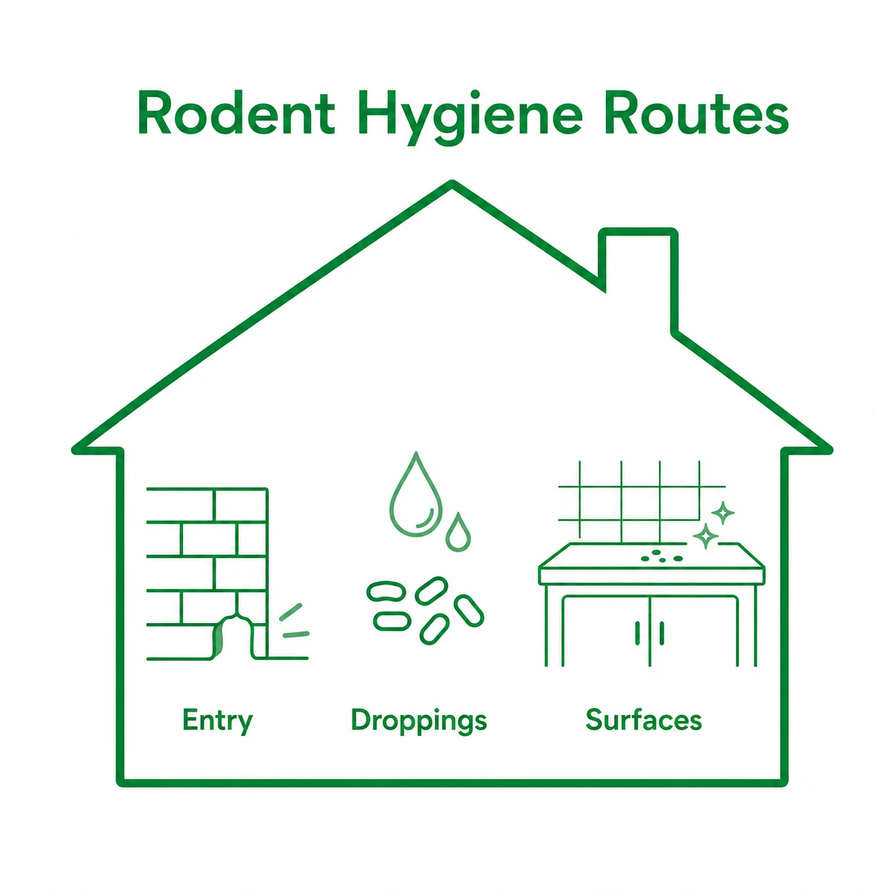 Graphic showing rodent entry points, droppings and surfaces as hygiene routes