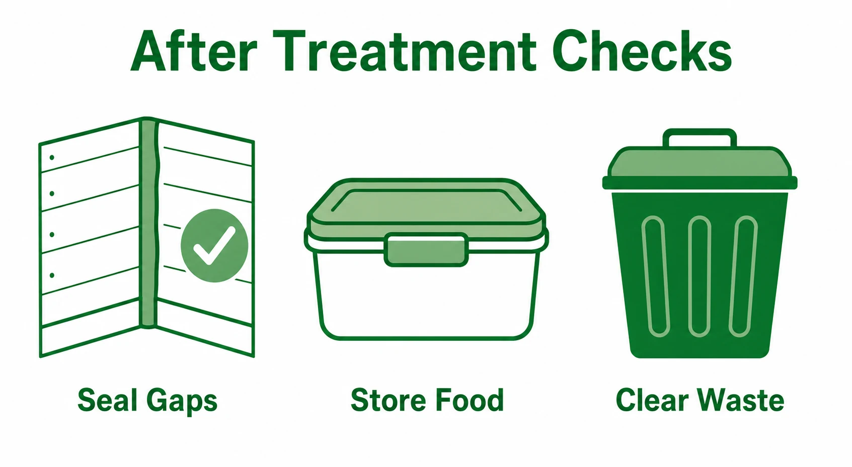 Graphic showing sealing gaps, storing food and clearing waste after rodent treatment