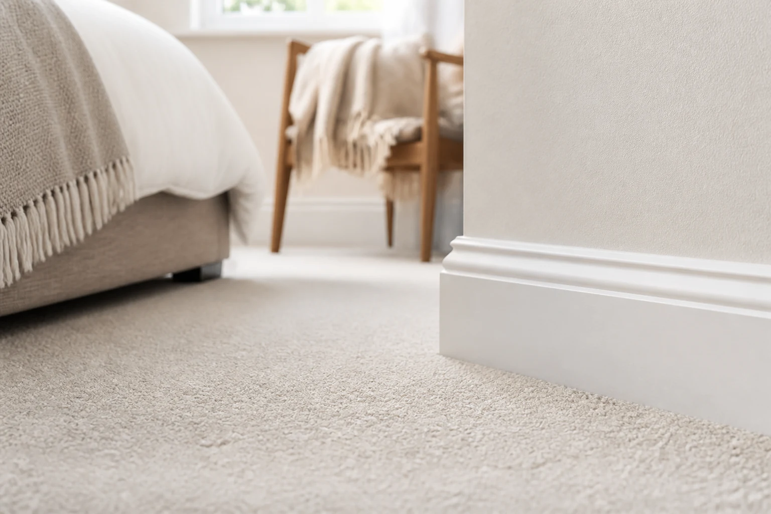 Bedroom carpet edge and soft furnishings where fleas may hide.