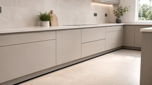 Clean kitchen with hidden gaps beneath the units