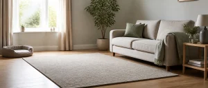 Clean living room with sofa, rug and pet bed where fleas can persist.