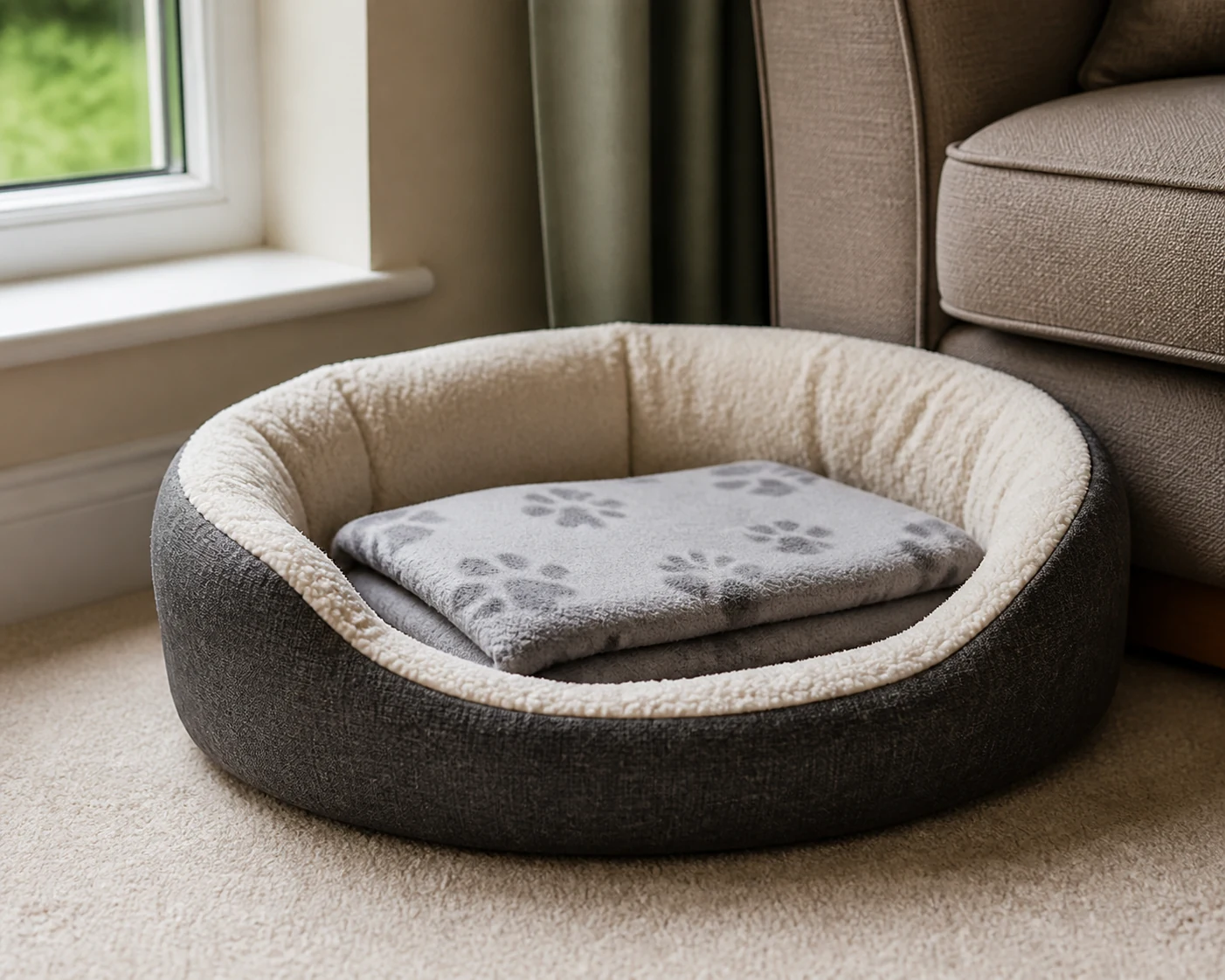 Pet bed and carpet beside a sofa showing the wider home environment.