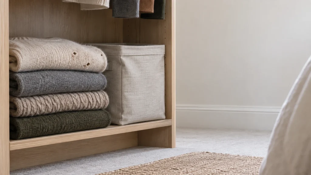 Folded stored wool clothing with small moth damage in a tidy wardrobe.