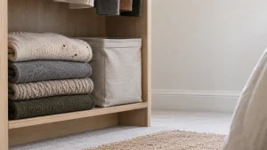 Folded stored wool clothing with small moth damage in a tidy wardrobe.