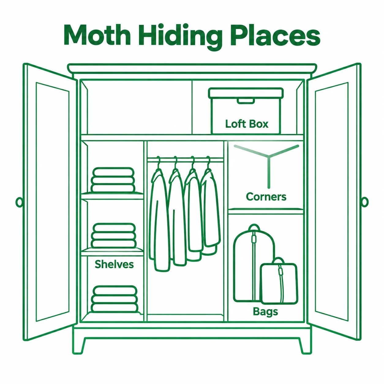 Graphic showing common clothes moth hiding places in storage areas.