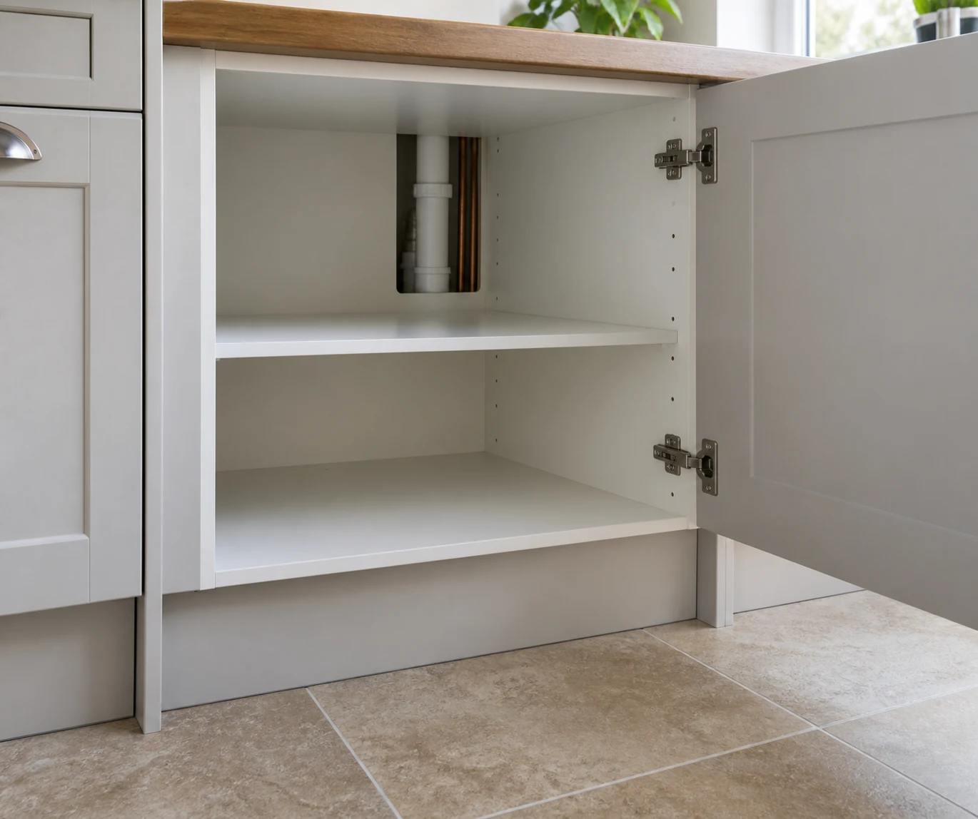 Open kitchen cupboard showing areas to check before treatment