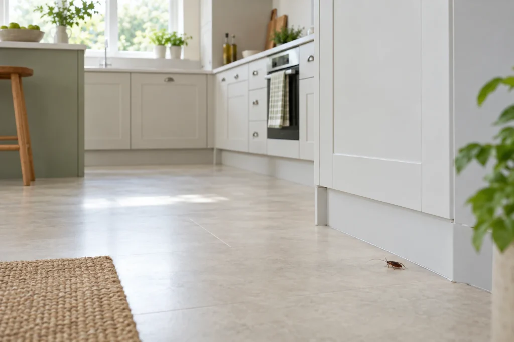 Single cockroach on a clean kitchen floor in daylight