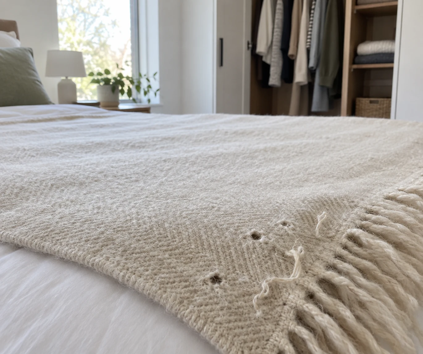 Stored wool blanket laid out for inspection with small fabric holes visible.