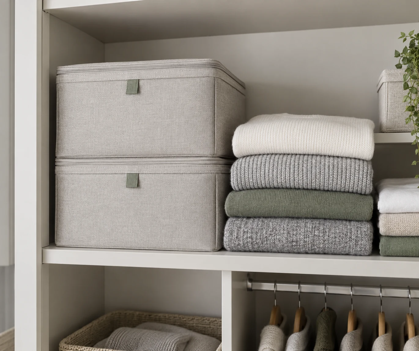 Tidy wardrobe shelf with sealed storage boxes for protecting fabrics.