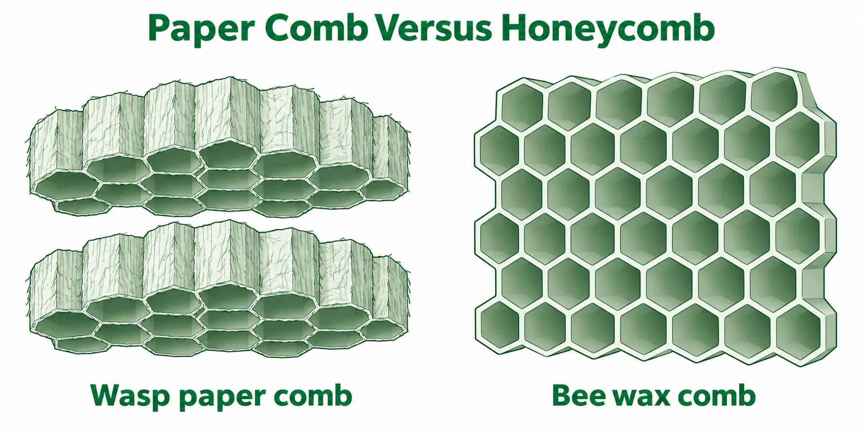 Wasp paper comb in horizontal tiers beside an upright sheet of bee wax honeycomb.